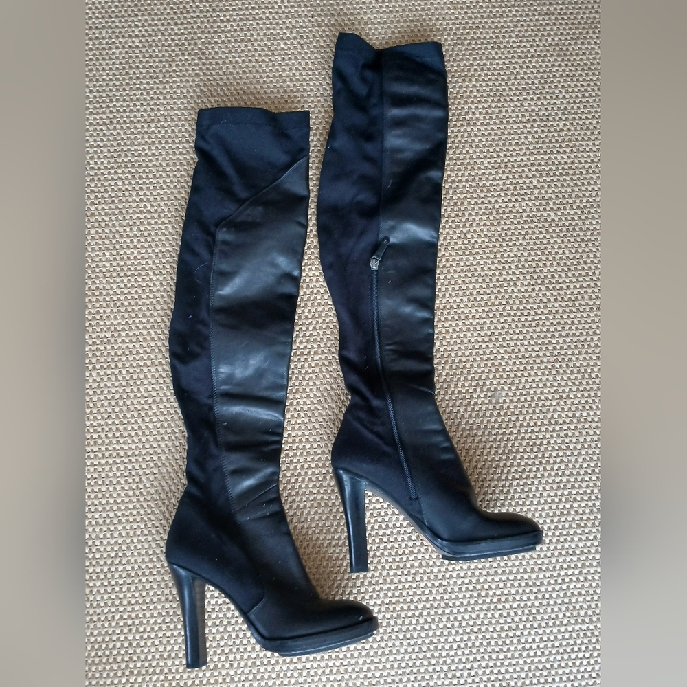 Dkny over knee platform heel black stretch boots